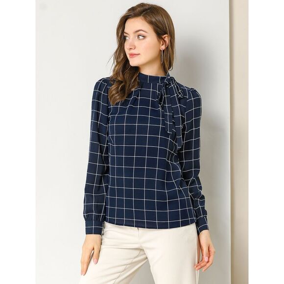 Bow Tie Neck Grid Checks Shirt Tops Blouses Navy Blue - Picture 3 of 6